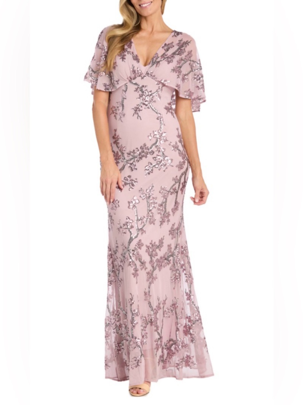 NWT R&M Richards Dusty Rose Sequin Floral Maxi Dress